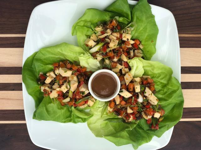 Butter Lettuce Wraps With Chicken, Peppers, Scallions, Cashews, Ginger, Spicy Peanut Sauce