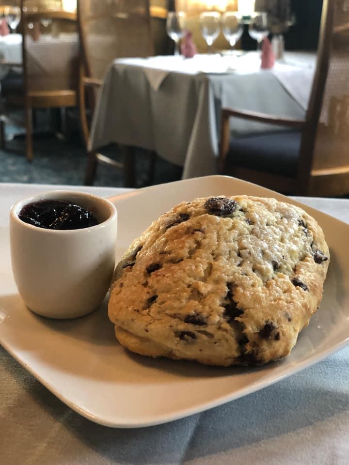 Image for Chocolate Chip Scone with Raspberry Marmalade.