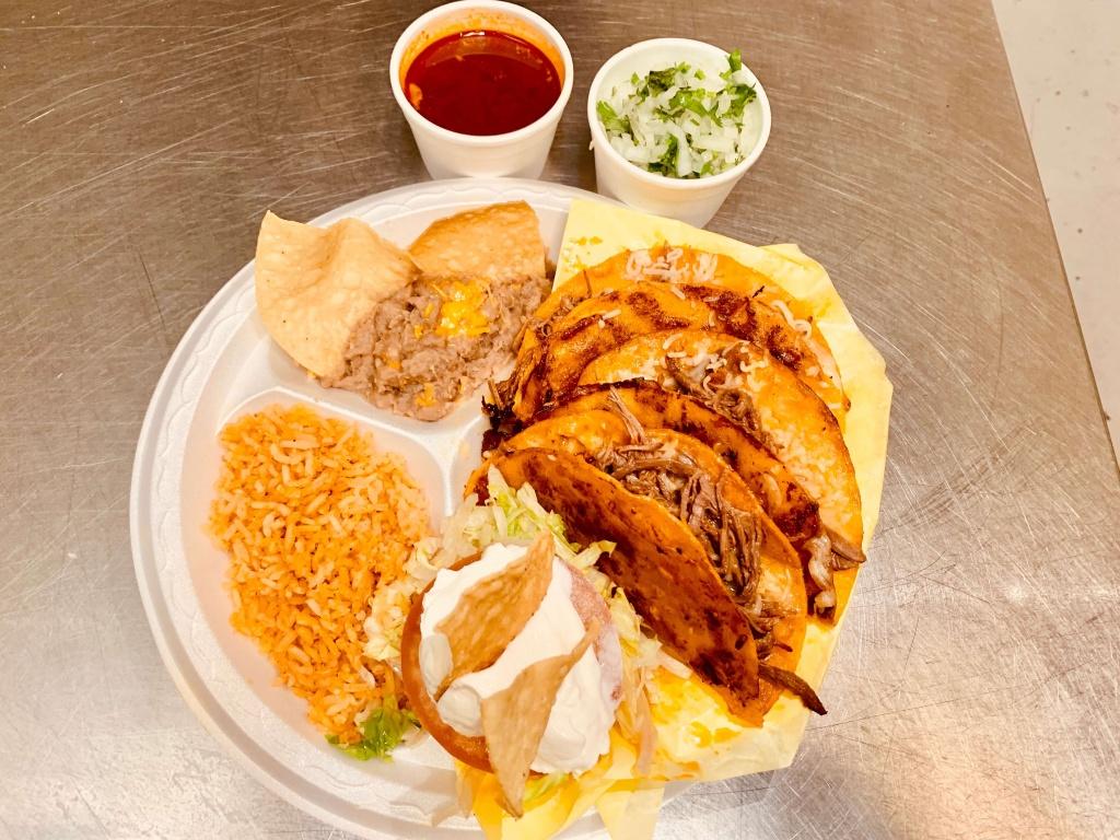 #33     5 Queso Birria Tacos W\ Rice And Beans Plate w/8oz consome