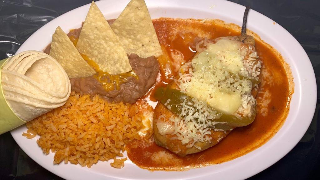#21  2 Chile Relleno plate w/rice and beans  
